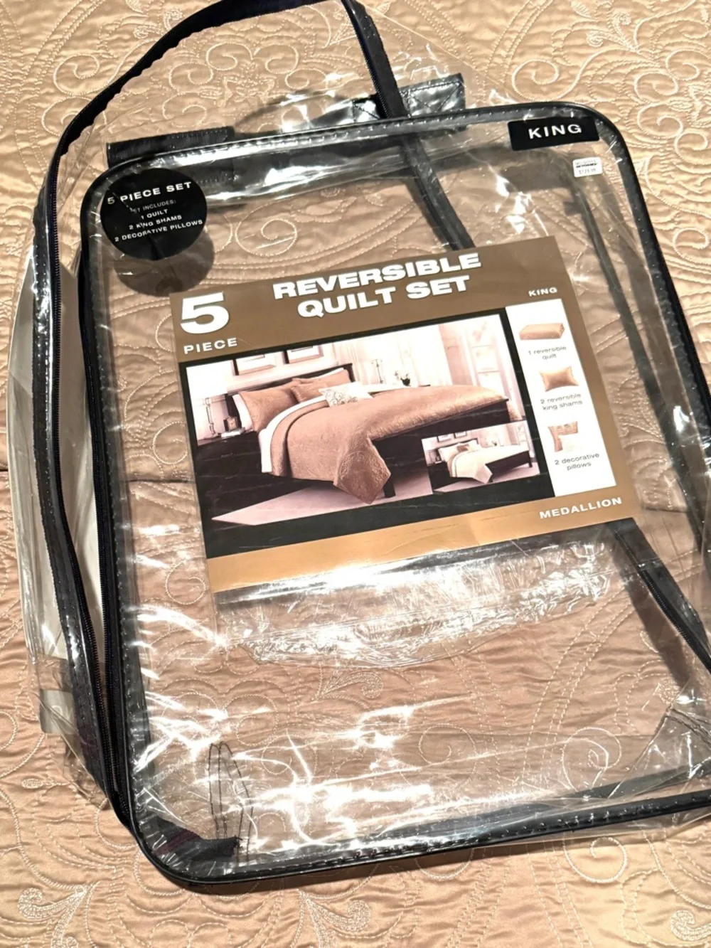 King Neutral Tan Quilted Bedding Set with Decorative Pillow & 2 Shams Reversible